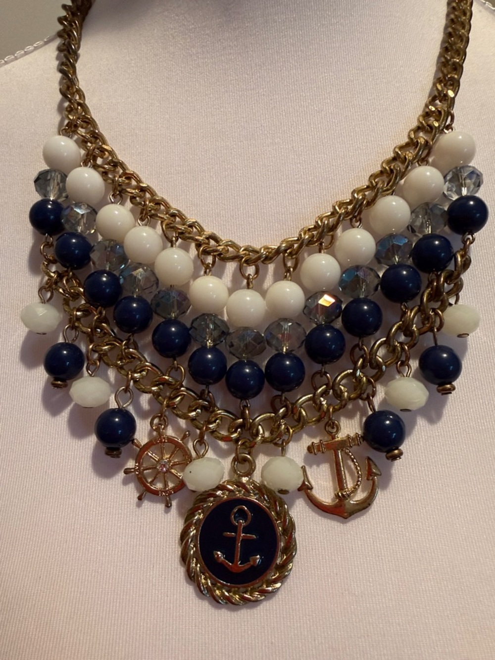 Sarah Coventry Navy, White & Gold NauticalThemed Charm Bib Necklace